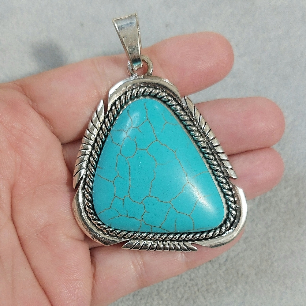 Southwestern Inspired Silver Necklace Pendant With Blue Accent - Womens Jewelry